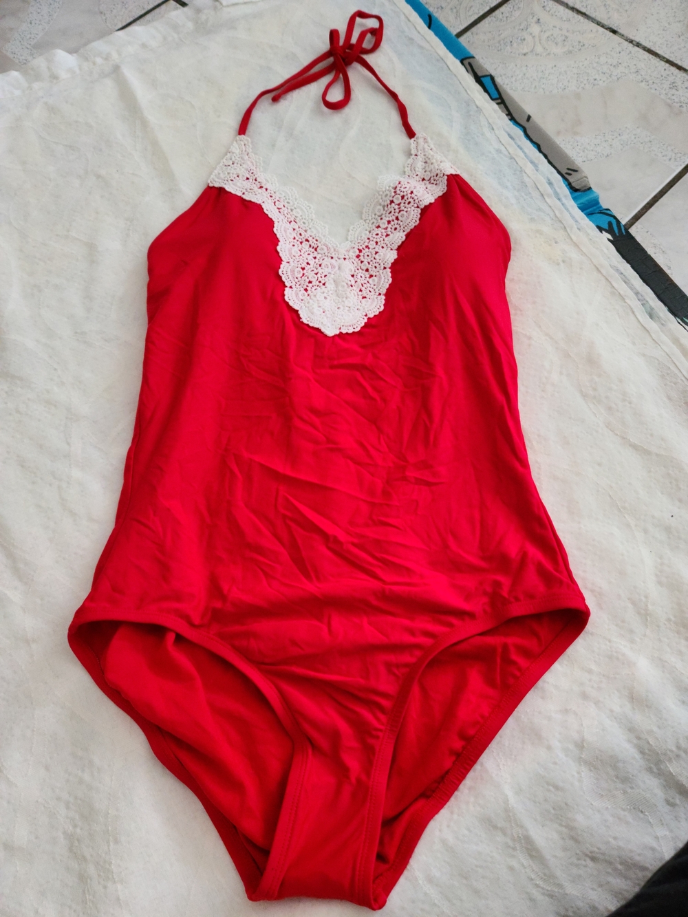 LC Lauren Conrad Red One-Piece Swimsuit with White Lace Trim